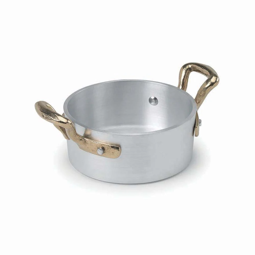 10 cm - 1932 Servizio In Tavola Casseruolina Bassa Monoporzione In Alluminio Con Manici In Ottone