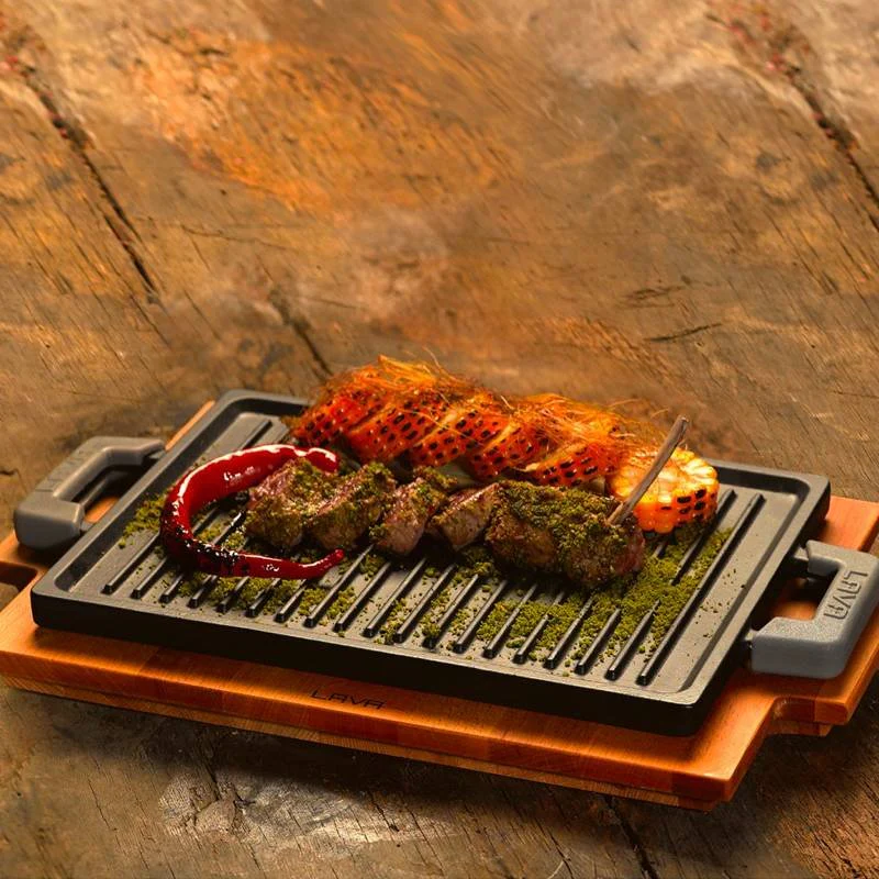 22x30 cm - Bistecchiera Grill Rettangolare In Ghisa Smaltata Con Supporto In Legno - Image 2