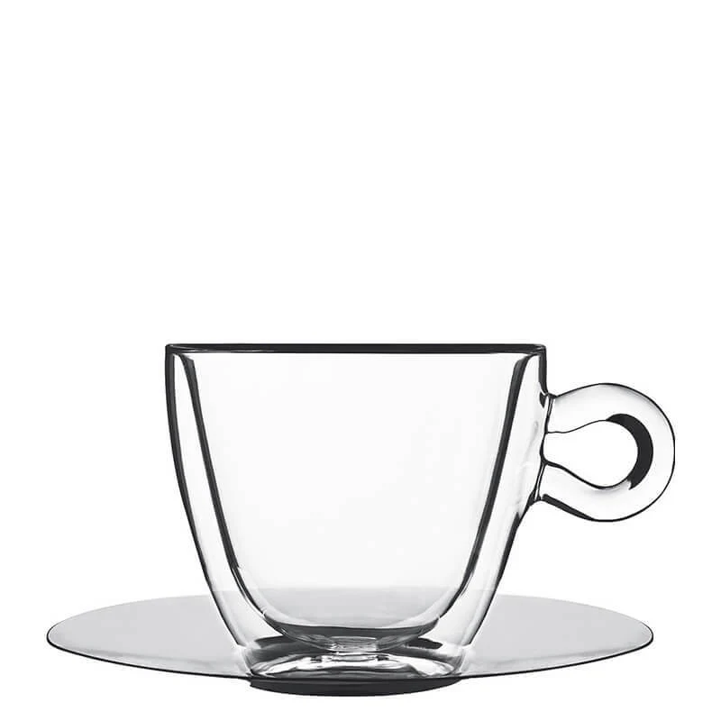 30 cl - Thermic Glass Tazza Multiuso In Vetro Termico Con Piattino In Acciaio Inonx - Set 2 Pz
