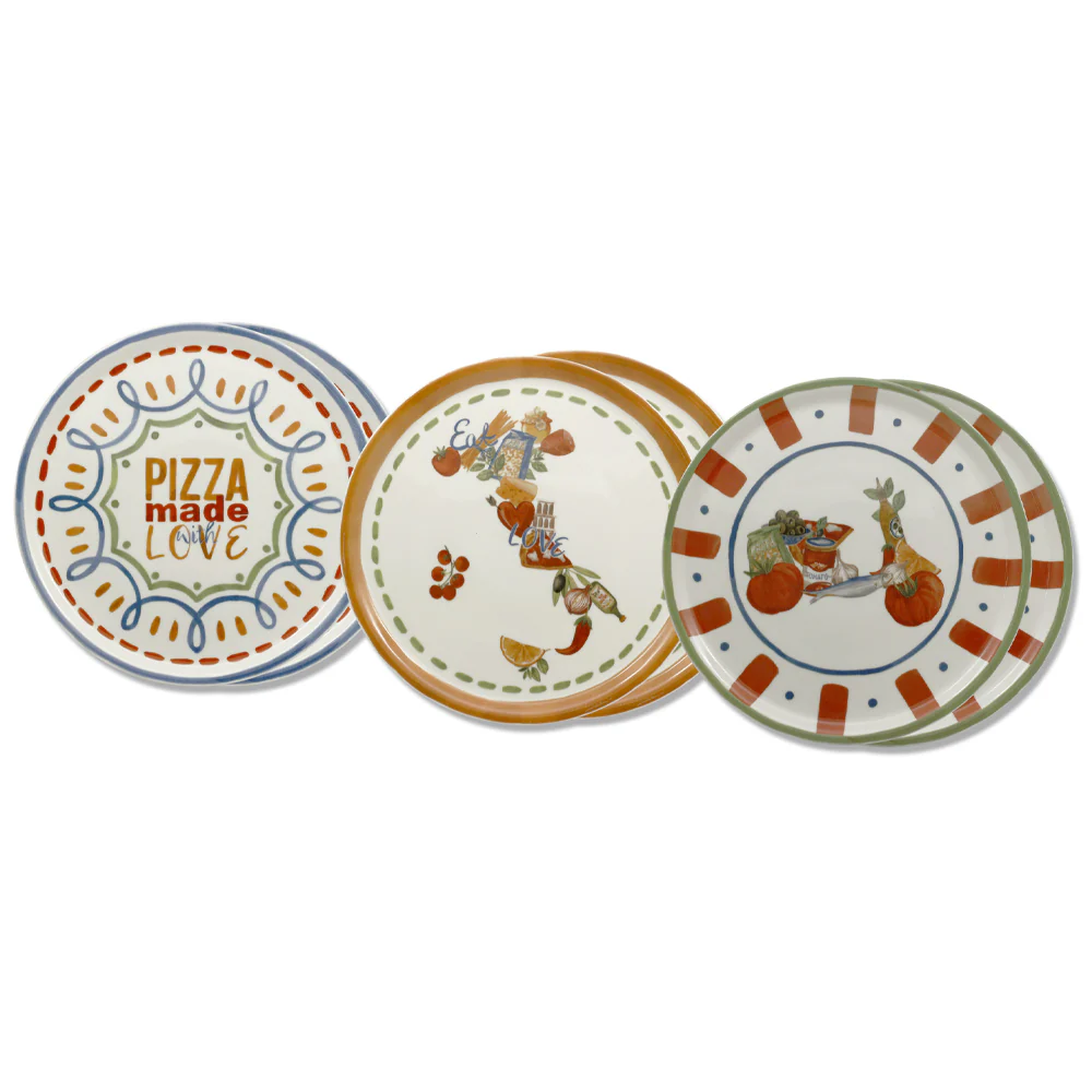 33 cm - Pizza Handmade Piatto Pizza 3 Decori In Porcellana Set 6 Pz