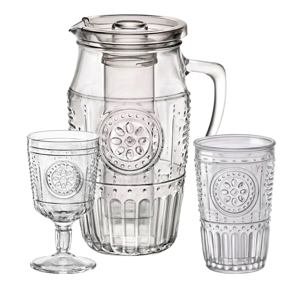 Romantic Set Caraffa Con Calici e Bicchieri In Vetro Decorato Set 13 Pz