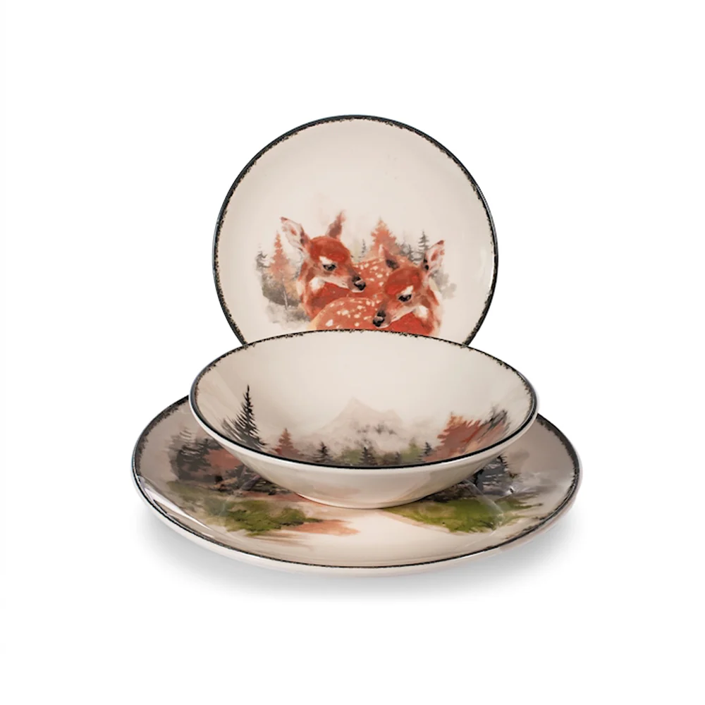 Golden Woods Servizio Piatti Decoro Natalizio In Stoneware Set 18 Pz